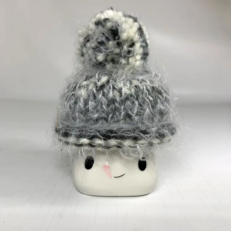 Fuzzy PomPom Marshmallow Mug Hat Gray Rolled Brim Knit Rae Dunn Tier Tray Decor