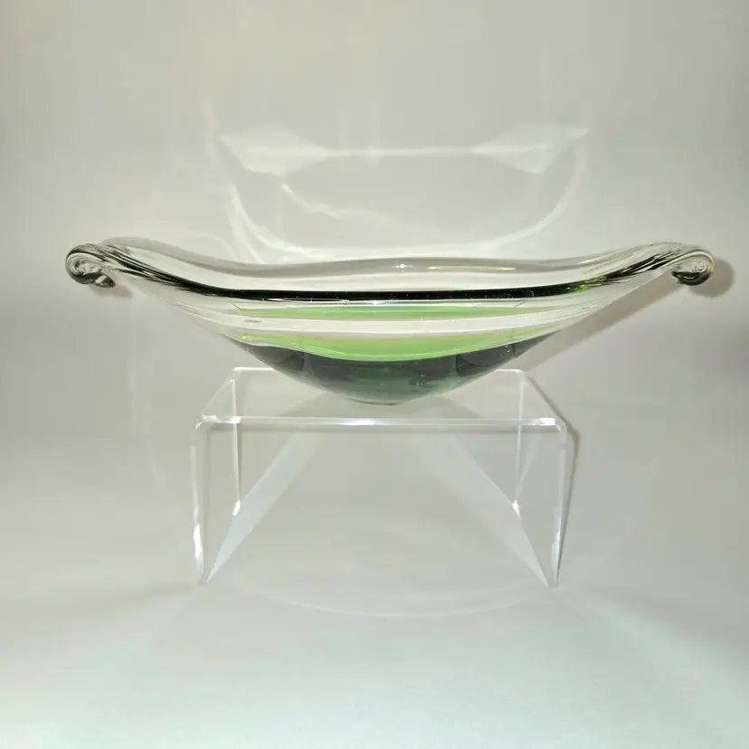 Murano Style Candy/Nut Dish Hand Blown VTG 1960 Curved Ribbed Handles