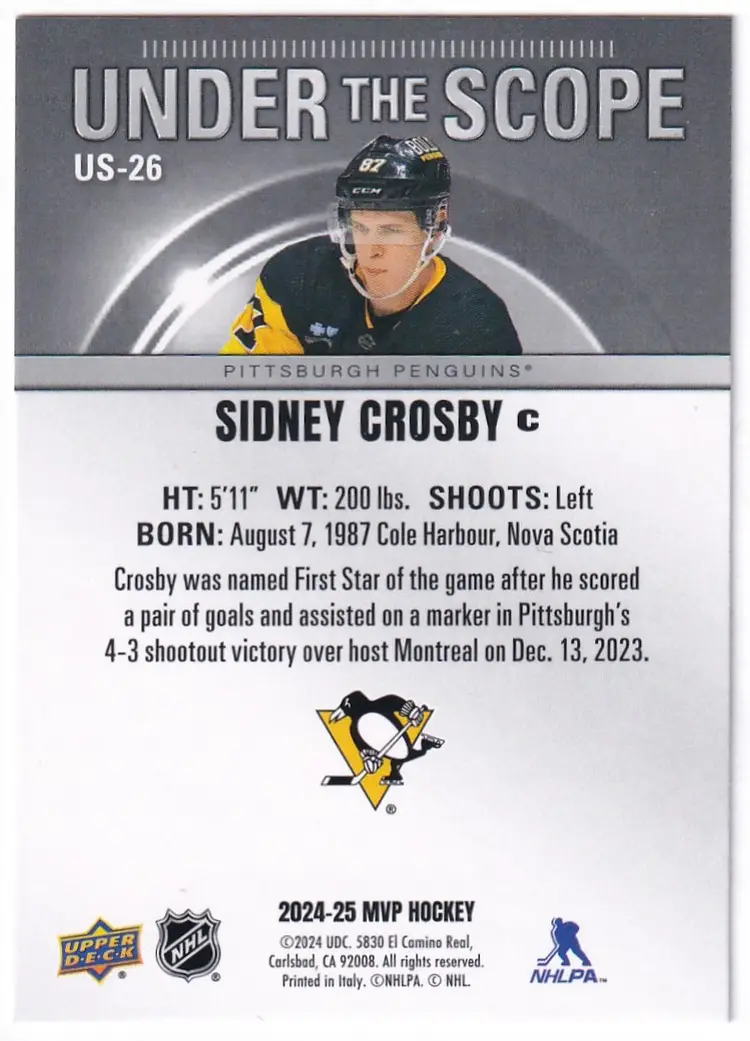 2024-25 Upper Deck MVP Under the Scope #US26 Sidney Crosby Pittsburgh Penguins Hockey Card