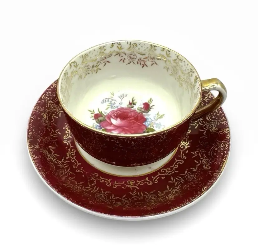 Vintage Norcrest Tea Cup & Saucer Roses Burgandy Maroon Gold Trim Pattern 3/50.5