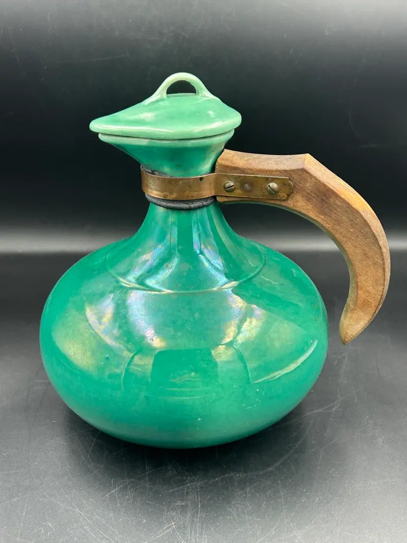 Vintage Rumrill Water Ewer With Lid Green Iridescent Wood Handle