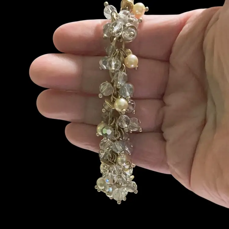 Gorgeous Goldtone Faux Pearls & Glass Crystal Beaded Bracelet. Signed BR ~ Banana Republic.