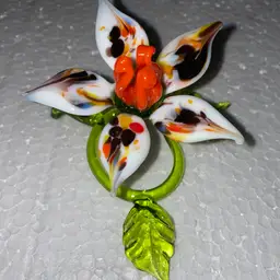 #03- Just In From Ukraine- Hand Blown Glass- Black, White And Orange Sitting Flower 3 X 4"