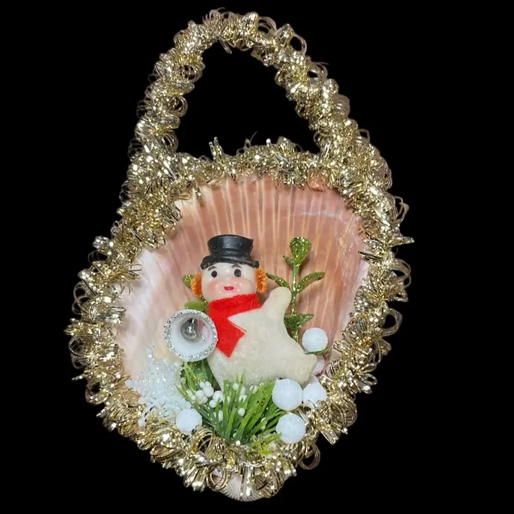 Handmade By Me Shell Ornament w/Snowman 6”x 4”