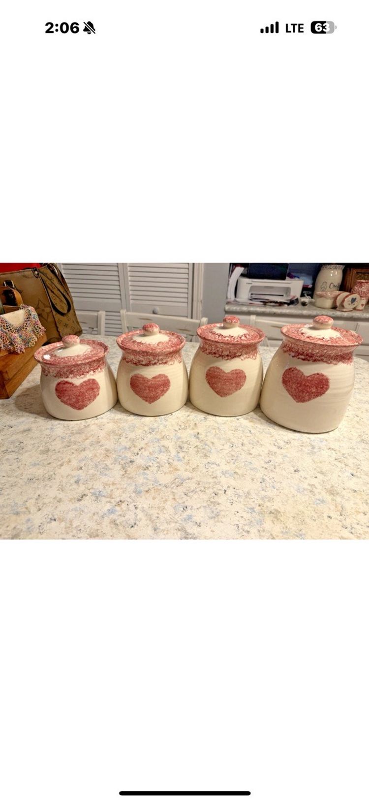Handmade VTG  pottery/crock/ canister set: white with pink sponge heart design