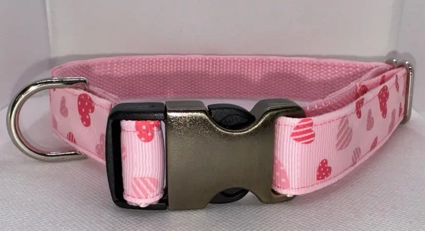Dog Collar Pink Hearts Large Handmade Heavy Duty Valentine’s Print NEW
