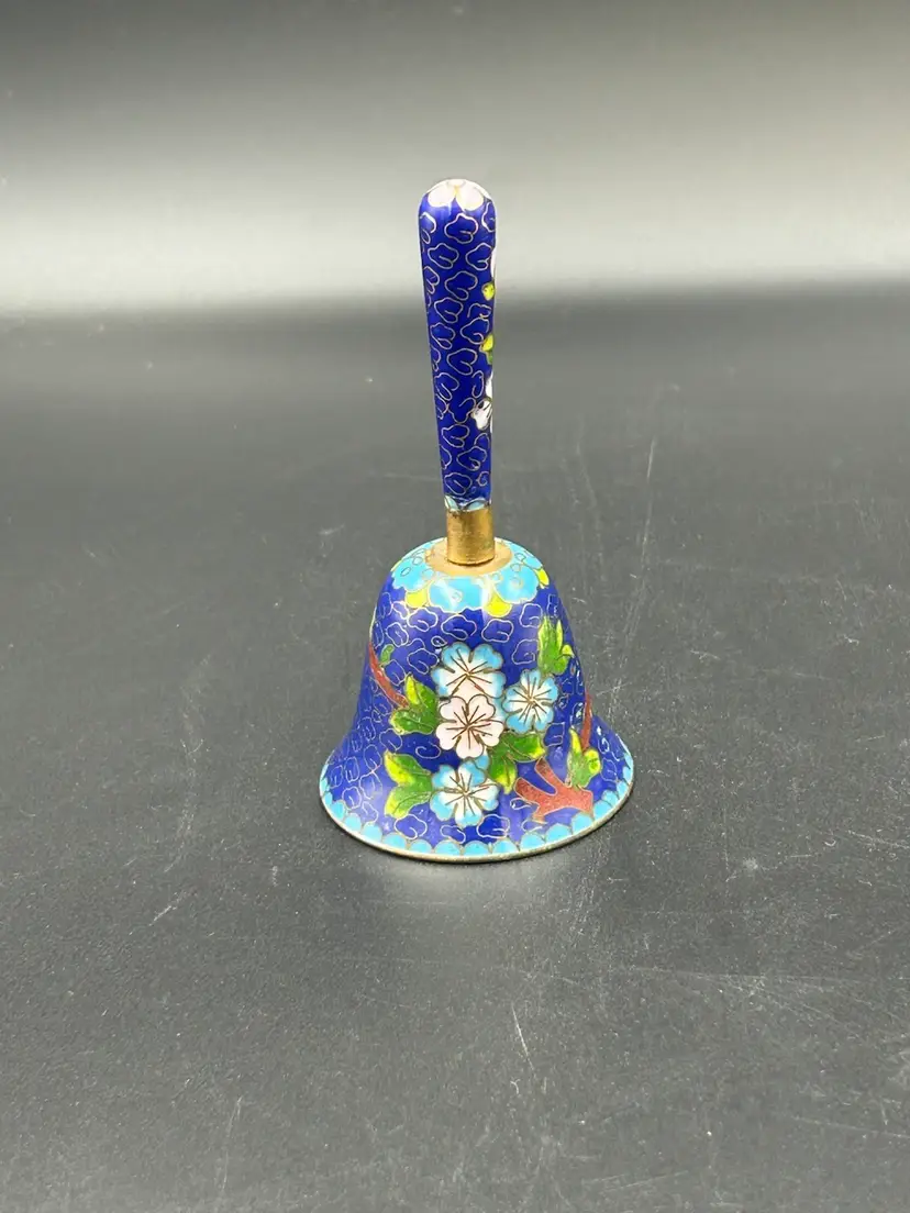 Vintage Cloisonne’ Enamel Hand Bell With Cobalt Blue Floral Design