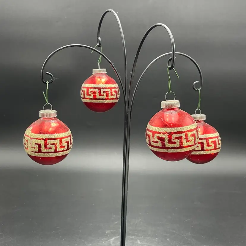 Red Glass Gold Glitter Hanging Christmas Ornaments Set of 4 West Germany Vintage