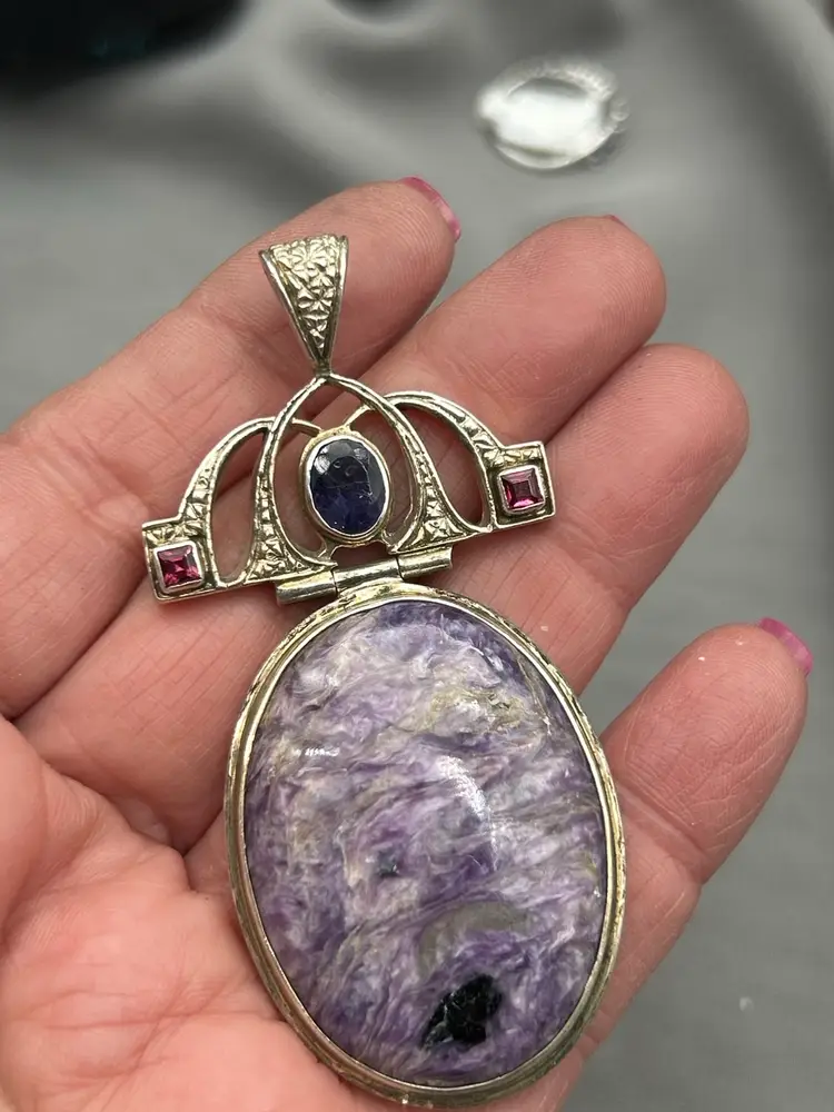 Promise Collection – Sterling Silver 925 Charoite Statement Pendant Necklace with Blue Tourmaline-Like Accent & Pink Garnet on Twisted Spring Chain, 16–18” Adjustable