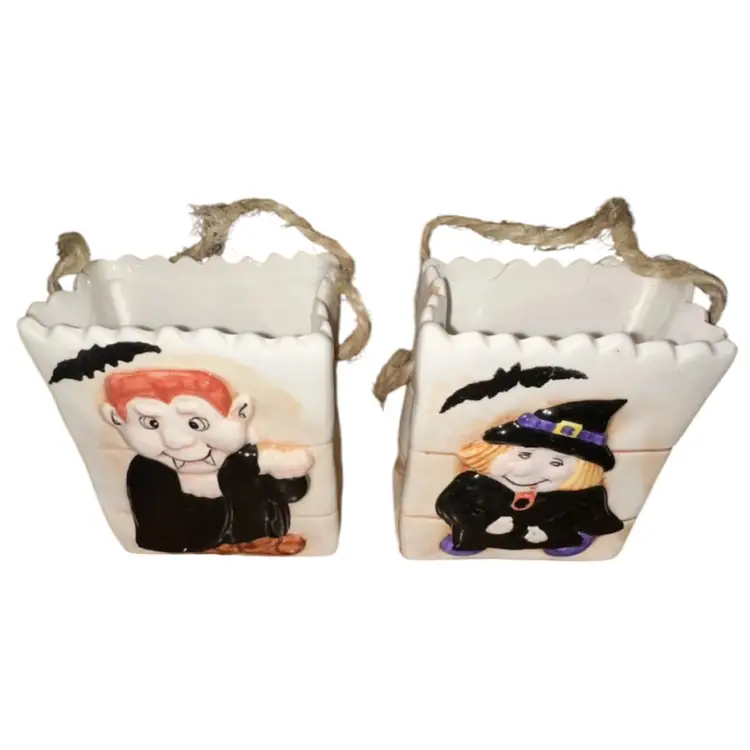 Halloween Trick or Treat Bag Candy Container Jar Vampire & Witch Pair Ceramic