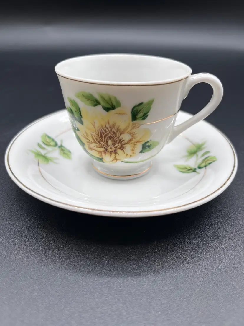 Japanese Ceramic White Magnolia Rose Demitasse Teacup & Saucer Set