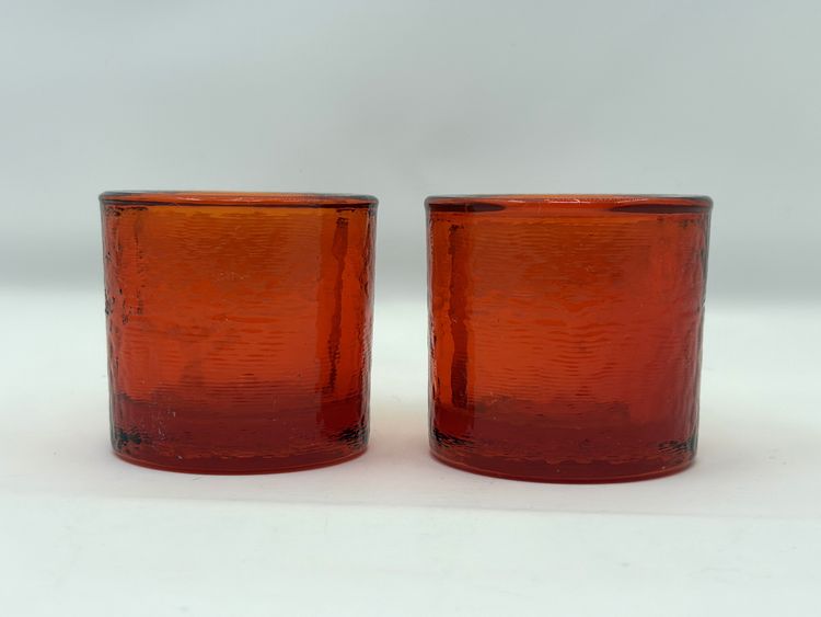 Optic Rib Hammered Orange Glass Votive Holders, Empoli Italy, Mid-Century Set of 2