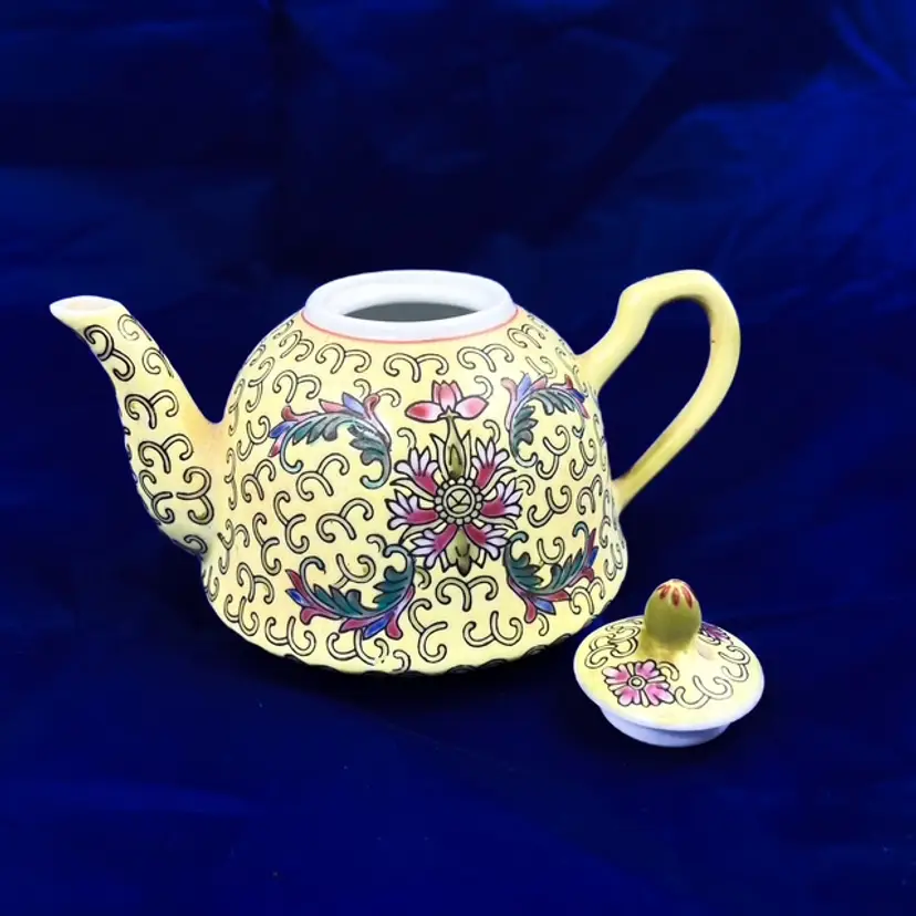 Mini Yellow Teapot with Lid Decorative Floral & Scroll Designs 3" tall 5.5" Long