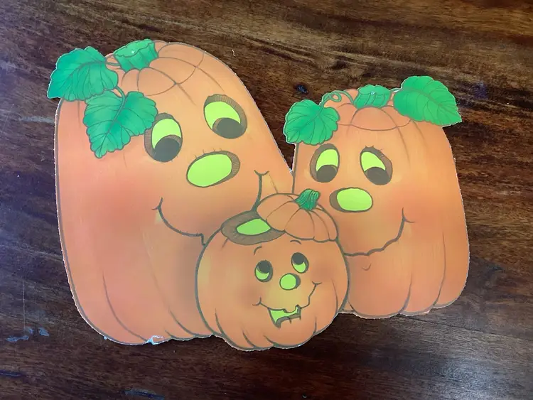 Vintage Flocked Die Cut Pumpkins, USA, 1970s, 10.5 X 13.5-Some Wear