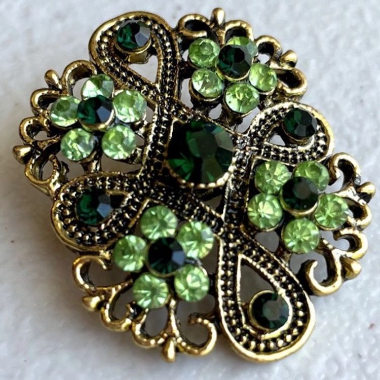 Vintage 60's Green Art Glass Flower Rhinestone Celtic Knot Infinity Pin Brooch
