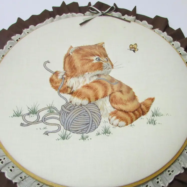 vintage fabric cat hoop wall decor playful kitten with yarn ball and butterfly
