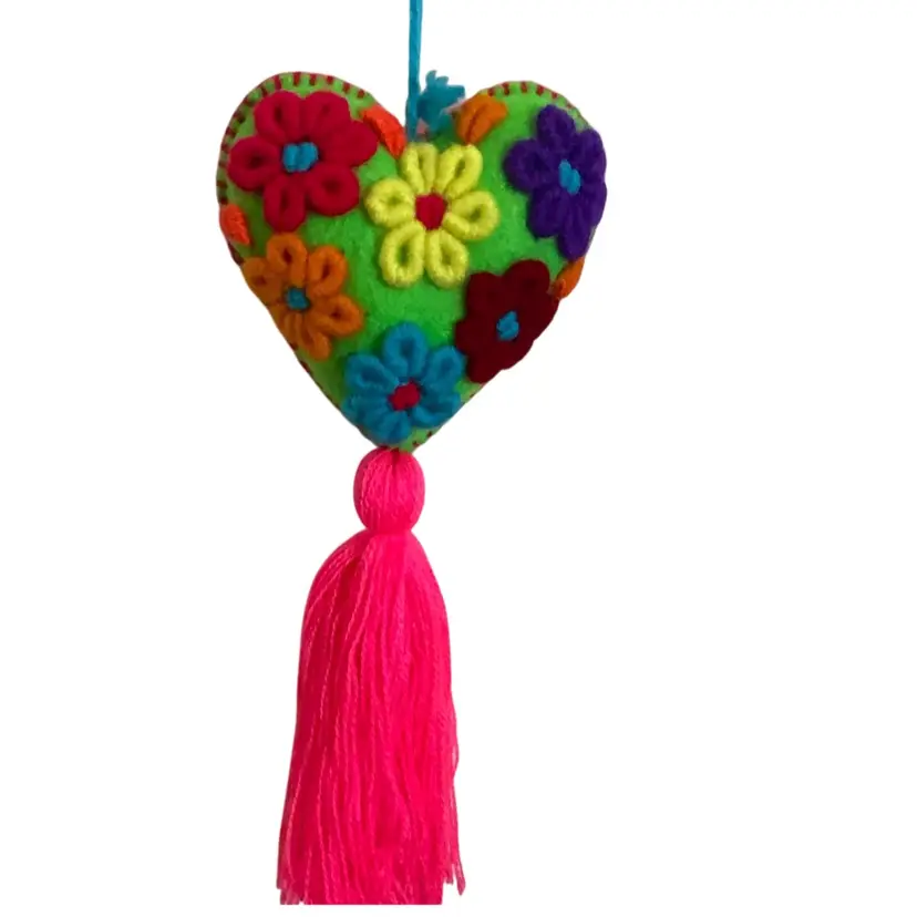 19 Witchy Woman Felted Art Hanging Heart Ornament Mexican Tassel Heart Bright Pink With Bright Pink Tassel Featuring Embroidered Flowers In Multicolored Yarn Super UV Reactive