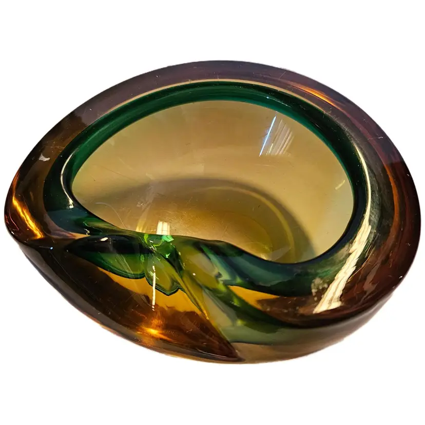 #01 - MCM Murano Attributed Sommerso Amber and Green Ashtray, 2.5" tall x 6" long x 5" wide