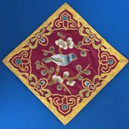 Vintage Golden Cloud Bird Hand Embroidered Gold Thread Silk Rayon Red 6.25”