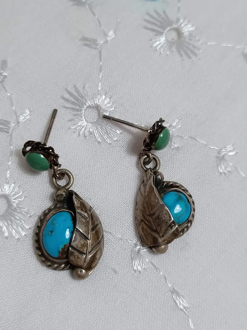 Two tone turquoise and silver leaf earrings