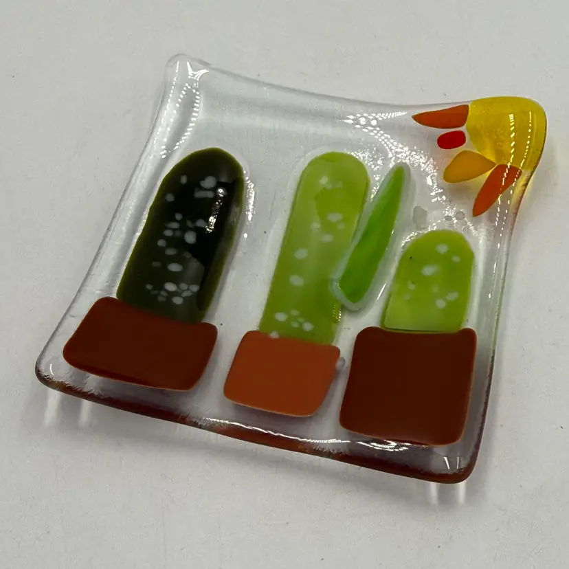 Fused Art Glass Handmade Summer Cactus Sun Trinket Ring Plate Dish 4”