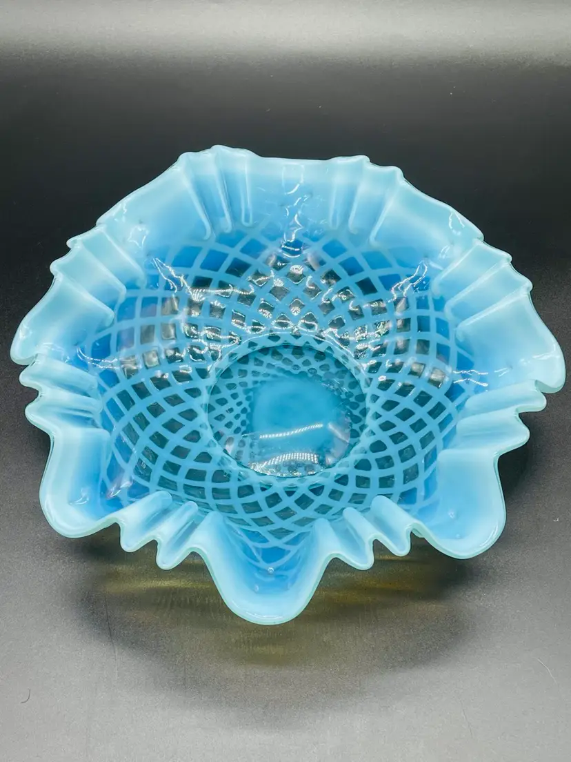 Dugan Glass Blue Opalescent Lattice Bridal Basket