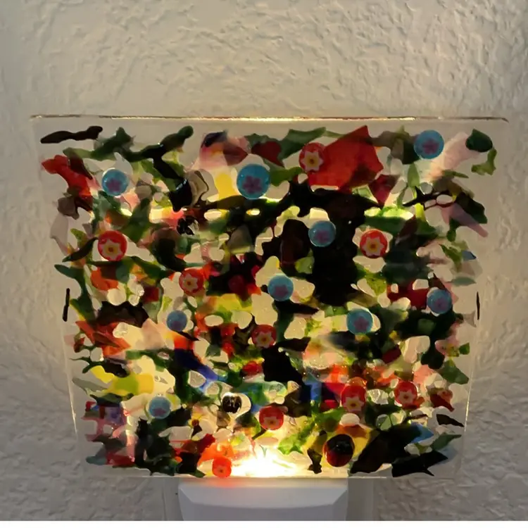 #02 Made by Me! Fused Glass Nightlight 3D Abstract with Flowers 4” x 4” Studio Art Handmade