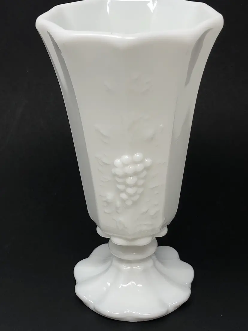 Westmoreland Milk Glass 6" Paneled Grape Ruffled Pedestal Vase