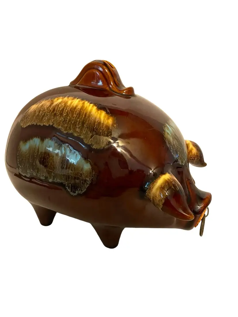 Hull Pottery Corky Large Piggy Bank Brown Turquoise Glaze MCM Mold #197