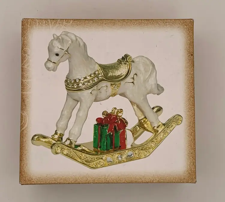 Jeweled Rocking Horse, Small Hinged Box trinket. Enamel metal hinged lid with magnetic closure. New in original box.