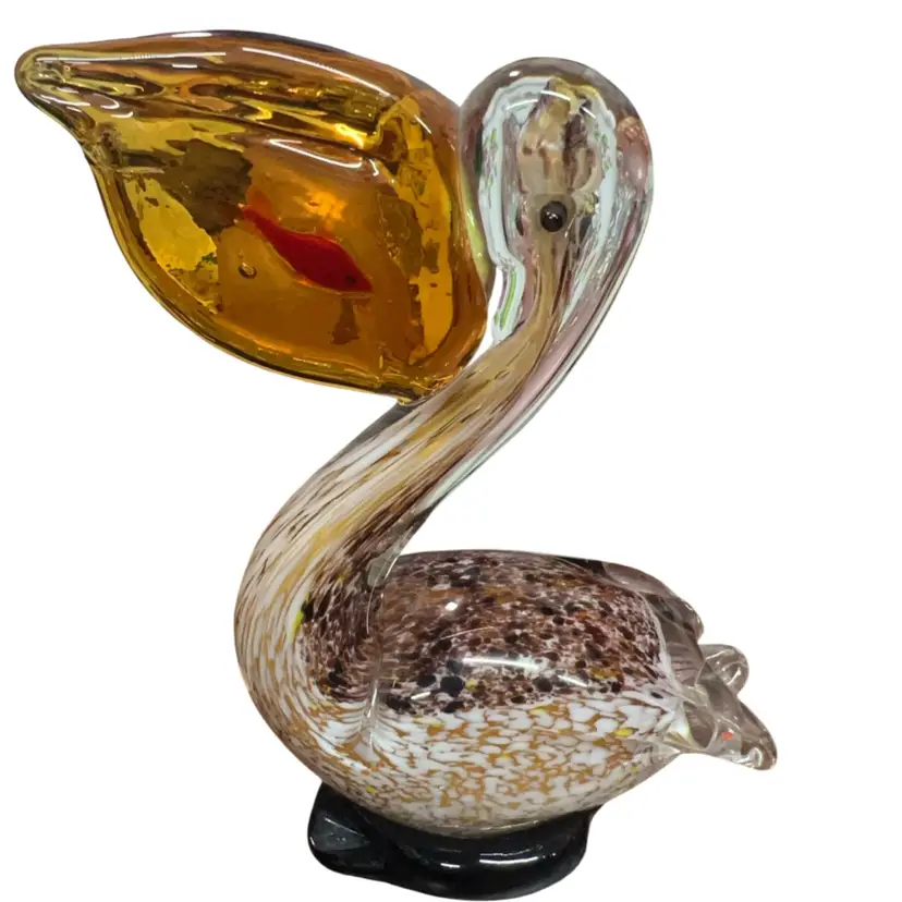 Vintage hand-blown art glass pelican sculpture with a fish. Summer Time! Beach Decor Ocean 6.5” Tall