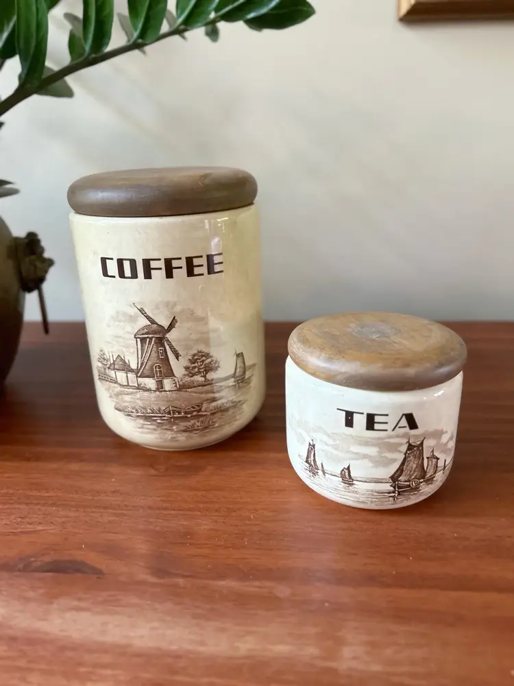 Vintage Made In Germany Windmill Coffee Tea Canister Set Wood Top
