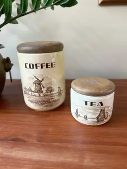 Vintage Made In Germany Windmill Coffee Tea Canister Set Wood Top