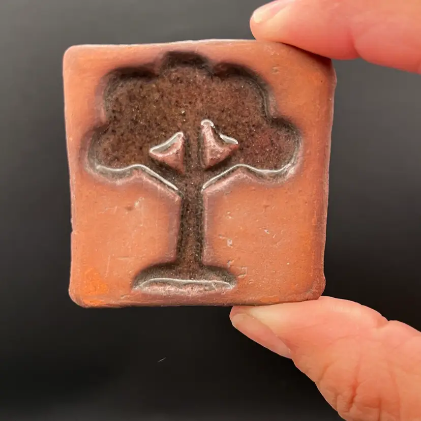#24 Marked Mini Redware Art Pottery Decorative Tile With Hand Pressed Glazed Tree 1.75”🌳