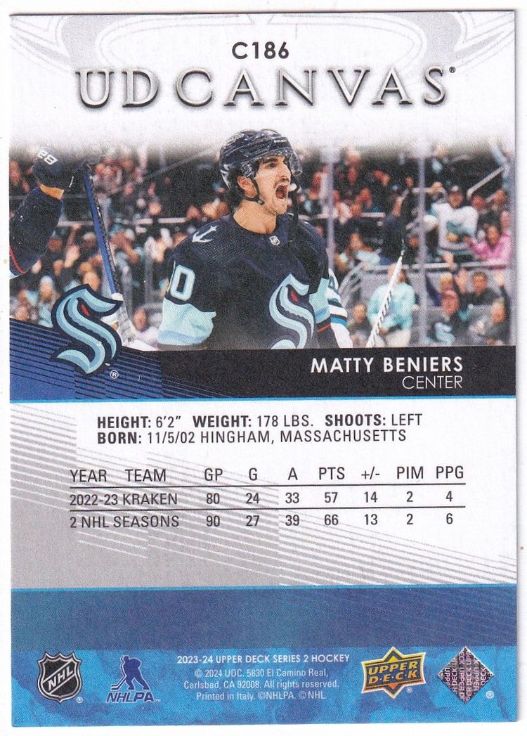 2023-24 Upper Deck UD Canvas #C186 Matty Beniers Seattle Kraken Hockey Card