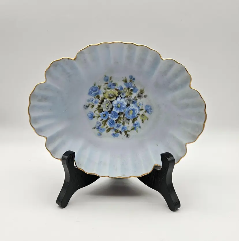 Lefton Soap Dish Hand Painted Porcelain Blue Floral Flowers Trinket Vanity Plate Vintage