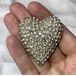 Silver tone Heart Brooch Clear Rhinestones 2”