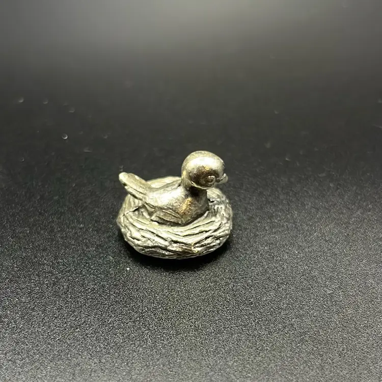 Vtg Miniature Pewter Bird On Nest Figurine 1 Inch