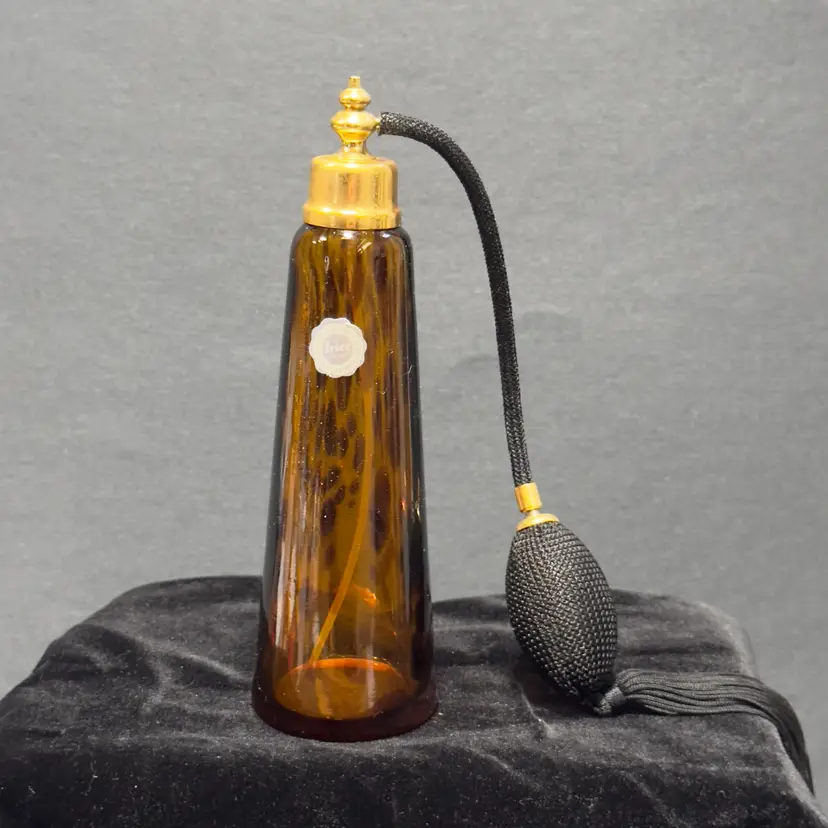 #1433 Vintage, Irice, Tortoise shell Aty Glass Amber Black Spotted 7.5" Tall Perfume Bottle with Black Atomizer with Fringes