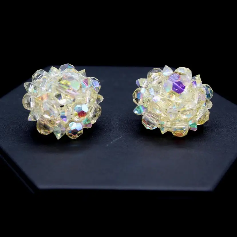 Vintage Lisner Crystal Clip-on Earrings Aurora Borealis Beaded Cluster Signed