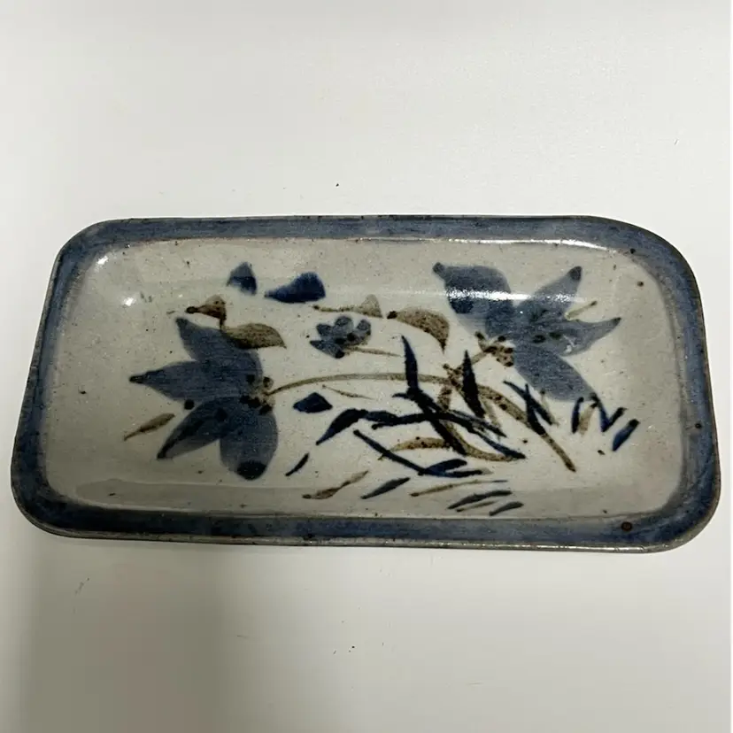 35. Studio Pottery Rectangular Tray, blue floral brushwork, signed, 7.75” x 4”, Signed “Cindy Angliss”