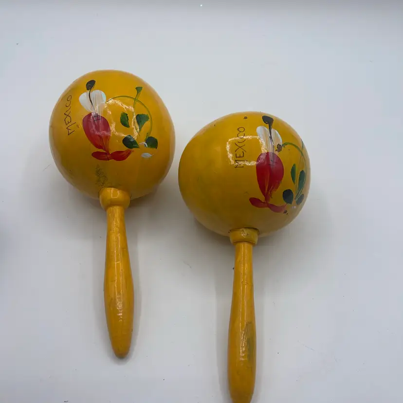 Pair of Wooden Maracas Hand-Painted Yellow Mexico