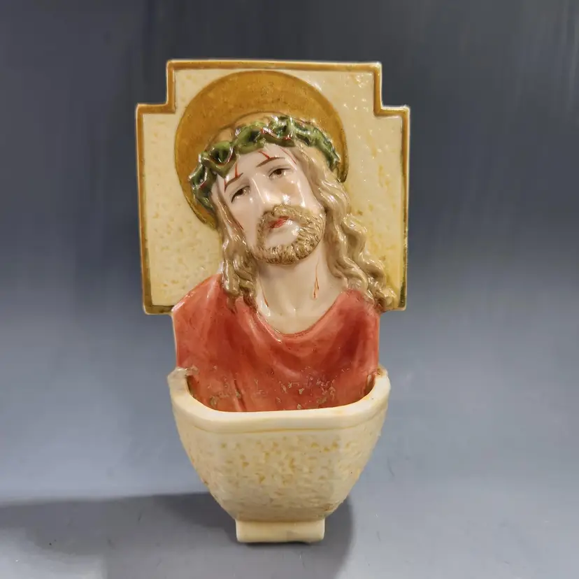Holy Water Font Wall Pocket Bisque Porcelain Crucified Christ Vintage Japan ART 1961 Hand Painted Jesus Hangs or Stands - Japan
