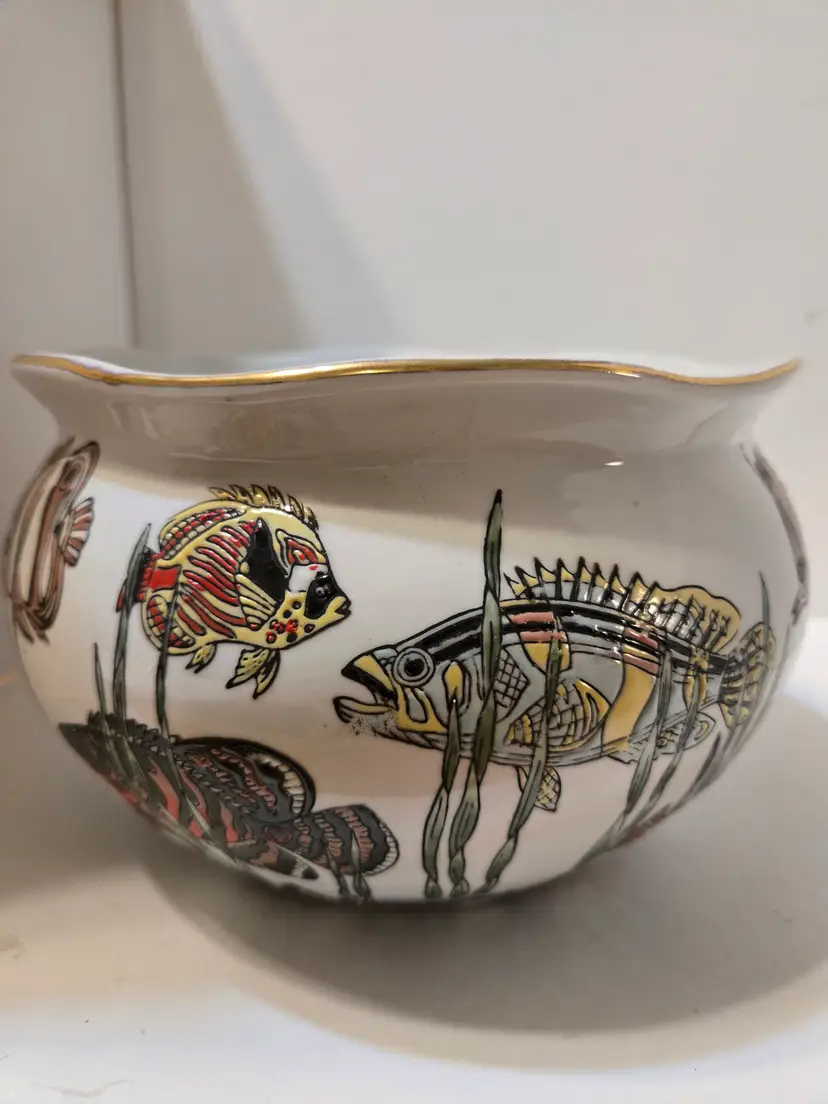 Vintage Lena Hall Tropical Fish Bowl | Hand-Painted Japanese Ceramic Centerpiece | Gold Trim