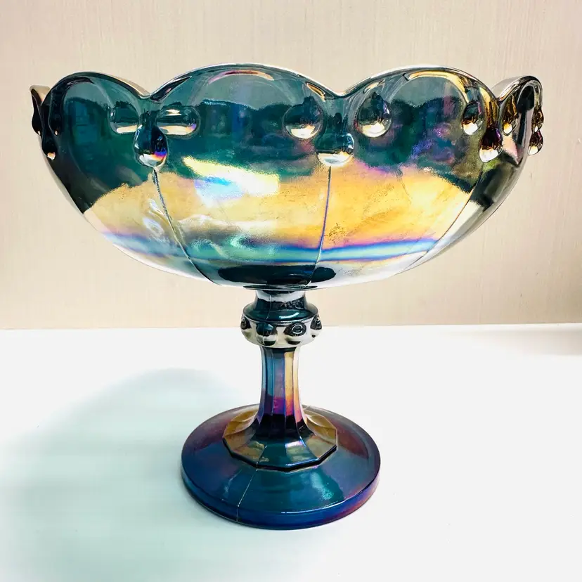 Vintage Compote Indiana Glass Blue Carnival Iridescent Pedestal Fruit Bowl  Candy Dish Teardrop Garland