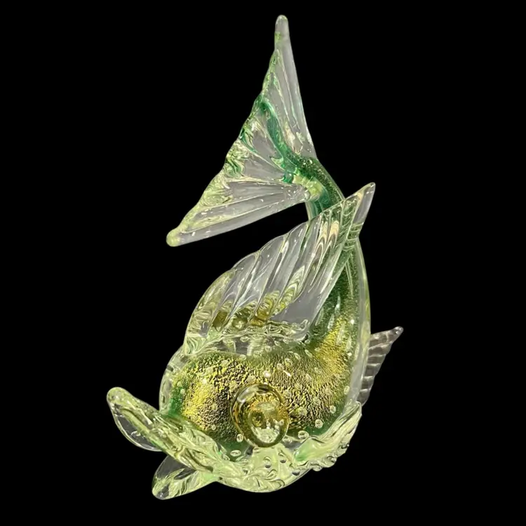 Murano Art Glass Dolphin Fish, Murano Green Summerso Gold Aventurine Fish, Hand Blown Murano Glass Fish Sculpture
