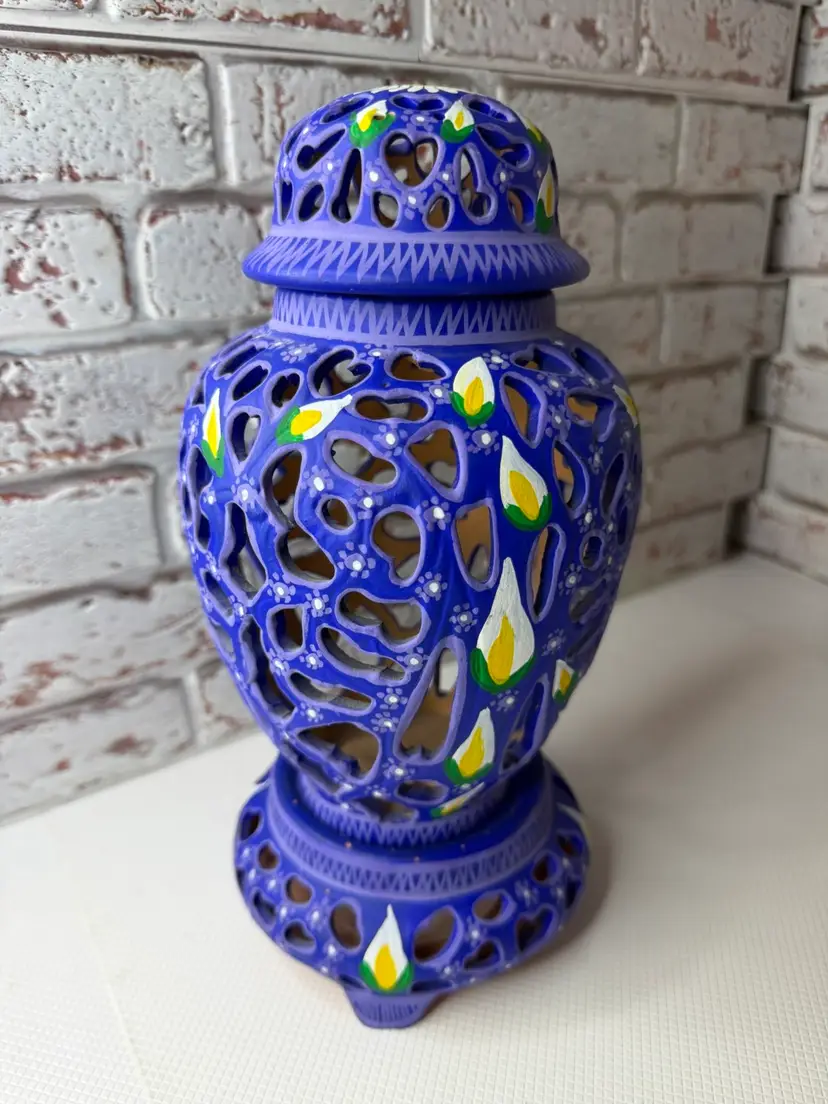 Tonala Pottery Lantern W/ A Flower on top.