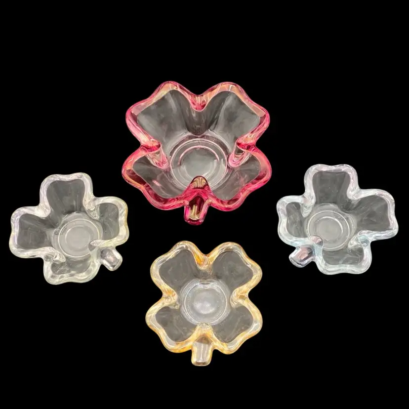 Set of 4 Four Leaf Clover Bowls, Large Pink, Smaller Blue, Peach, and White