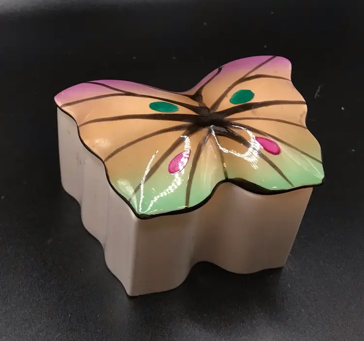 Butterfly Bone China Trinket Box Hakuho Japan Lidded Multicolor Small 3”