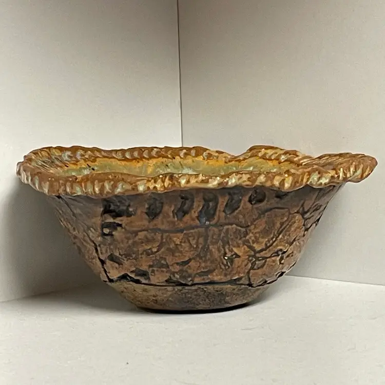 Unbranded Folk Art Pottery Farmhouse Decorative Trinket Bowl Brown Green